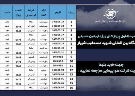 اختصاص پروازهای فوق العاده شیراز- نجف به مناسبت اربعین